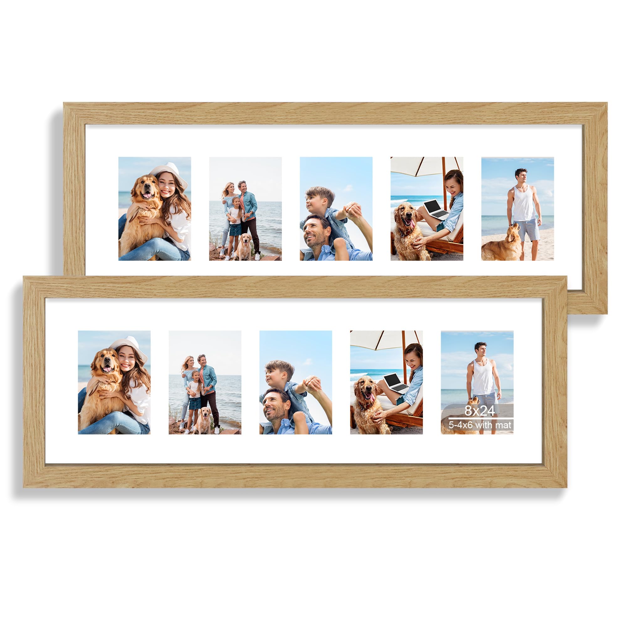 Hongkee 8x24 Picture Frame 2 Pack, Natural Oak Wood Frame with Tempered Glass, Display Pictures Multiple Five 4x6 With Mat or 8 x 24 Without Mat - Horizontal or Vertical Wall Mounting Image