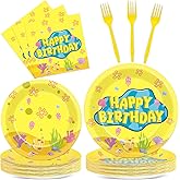 96Pcs Yellow Cartoon Paper Plates and Napkins Yellow Theme Birthday Party Supplies Ocean Disposable Dinnerware Tableware Set for Kid Undersea Happy Birthday Baby Shower Table Party Decoration Serve 24