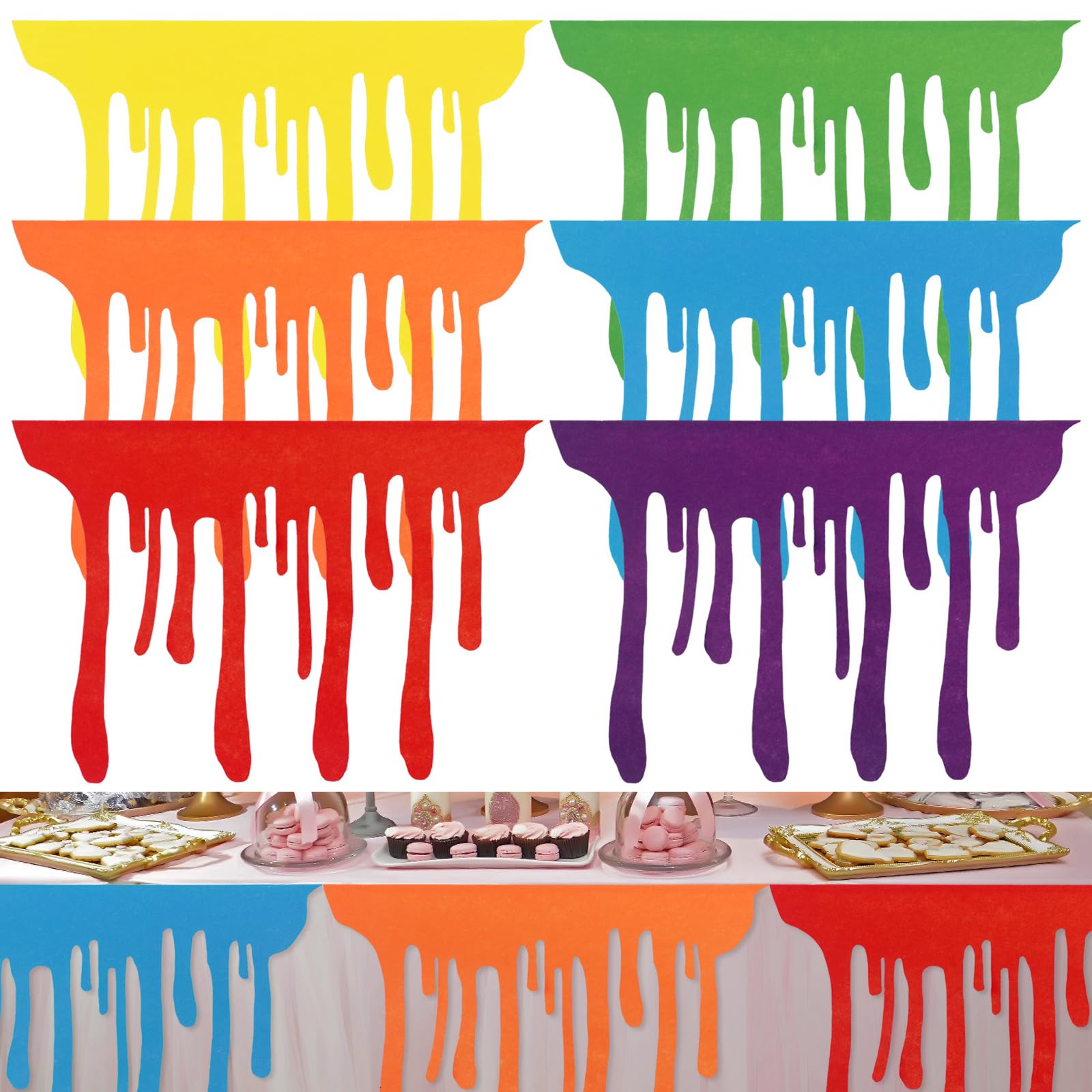 Photo 1 of Windkream 6 Pcs Art Themed Party Table Skirt 40 x 28 Inch Colorful Paint Splatter DIY Paint Back to School Decorations with Double Sided Tape for Cartoon Happy Birthday Supplies