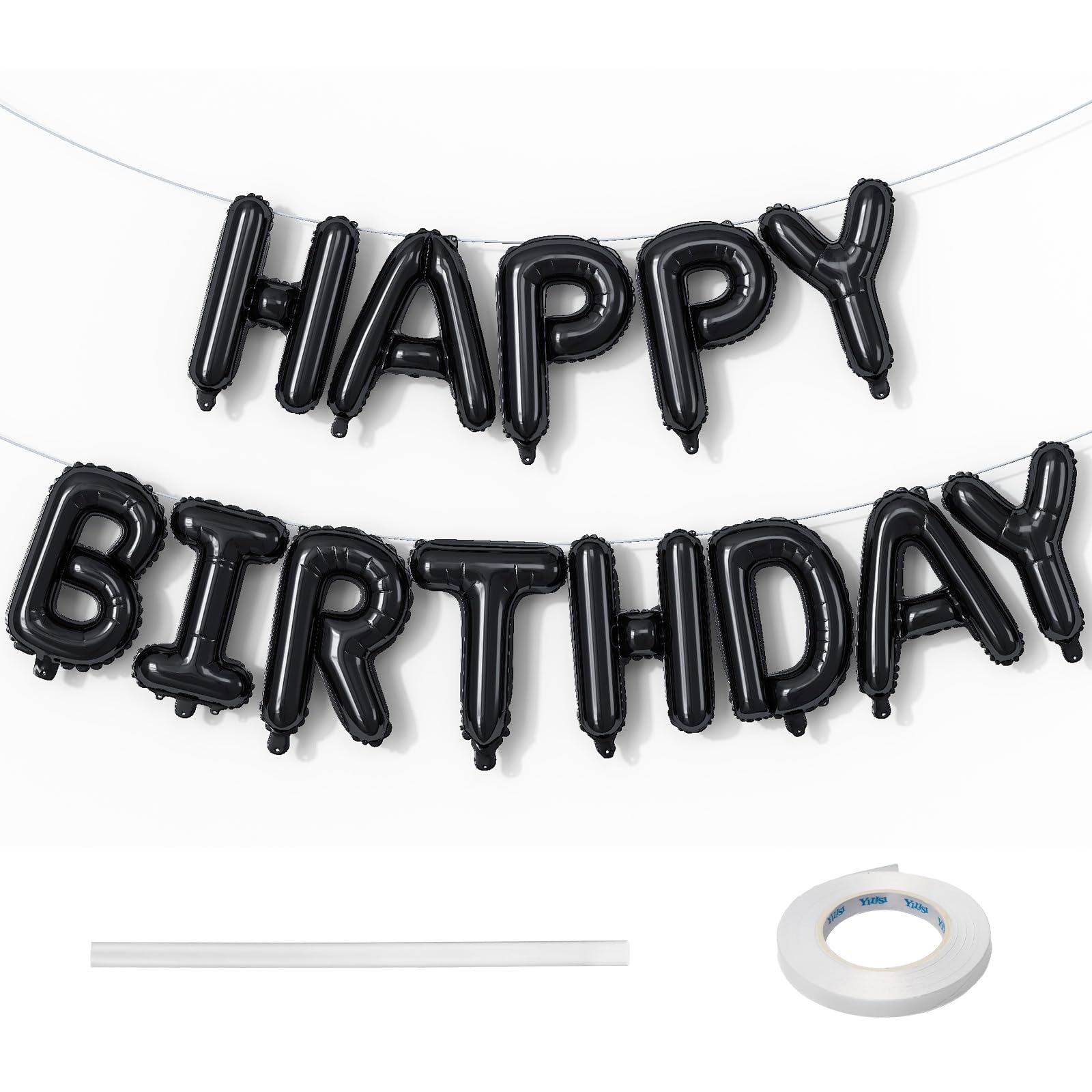 Lingqiang 16 Inch Happy Birthday Banner Balloon, Black Self Inflating Bunting Foil Balloons with Ribbon, Reusable Letter for Men Women Party Decor Supplies — image 1