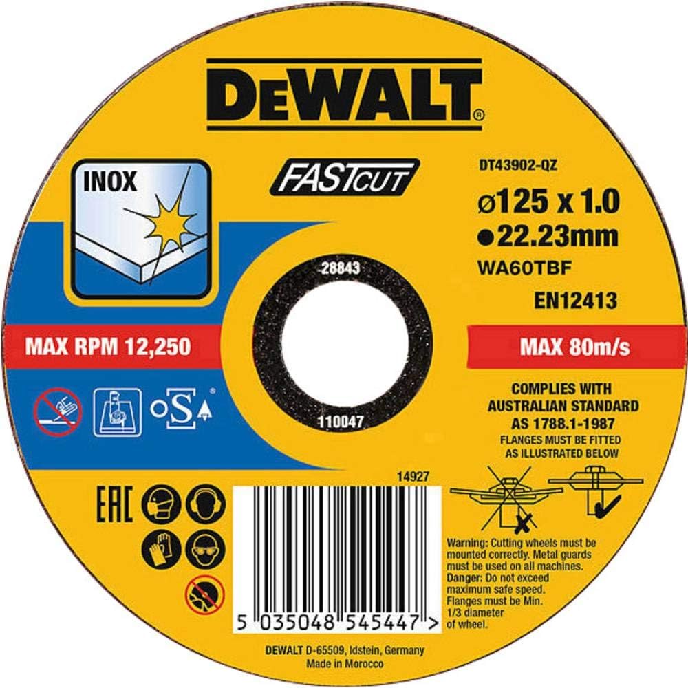 DT43902-QZ - Disco de corte plano INOX con grano profesional de óxido de aluminio Fast Cut 125 x 1 x 22.23mm