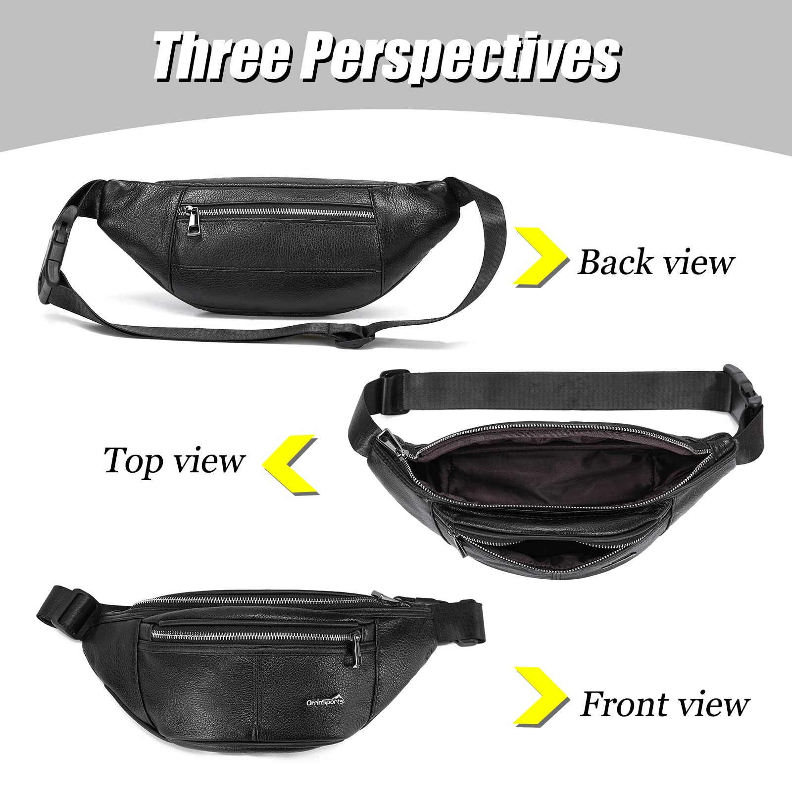 OrrinSports Black Fanny Pack for Men Genuine Leather Waist Bag Multiple Pockets Metal Zippers Belt Bag for Travel Hiking Cycling Fishing