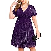 CYCLAMEN Plus Size Sparkly Mesh Dress A Line Short Ruffle Sleeve V Neck Wrap Glitter Dresses Wedding Guest Cocktail Club