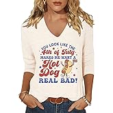 Scgirl Womens 3/4 V Neck Sleeve American Flag Shirts 4th of July Summer Shirts Graphic Tops