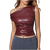 Floerns Women's Asymmetrical Neck PU Leather Tank Top Sleeveless Ruched Crop Tops