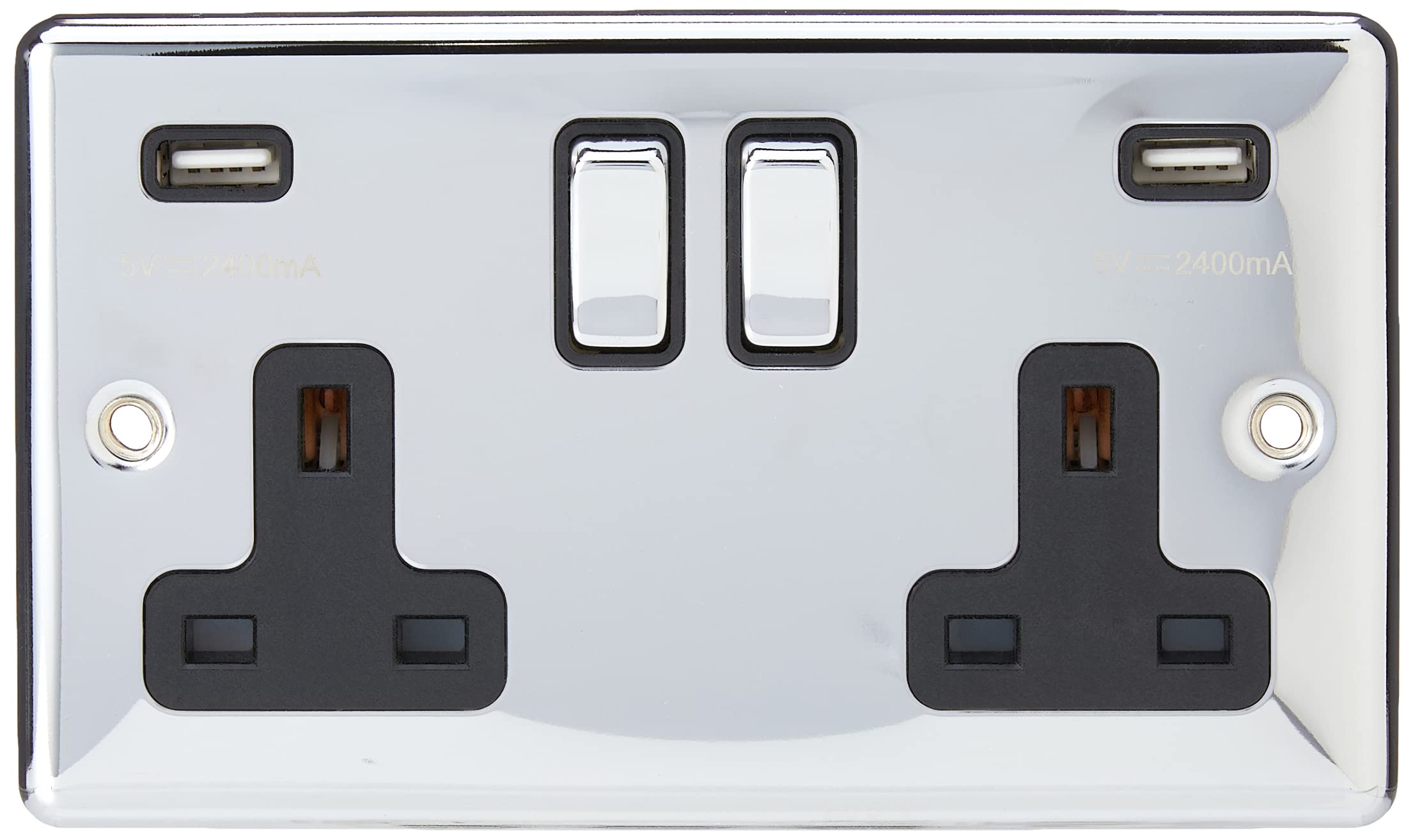 AET CPC2GUSBBC 2 Gang 13 A Double Plug Classical Chrome Polished Socket with USB Charging Ports and Black Insert Metal Rocker Switch