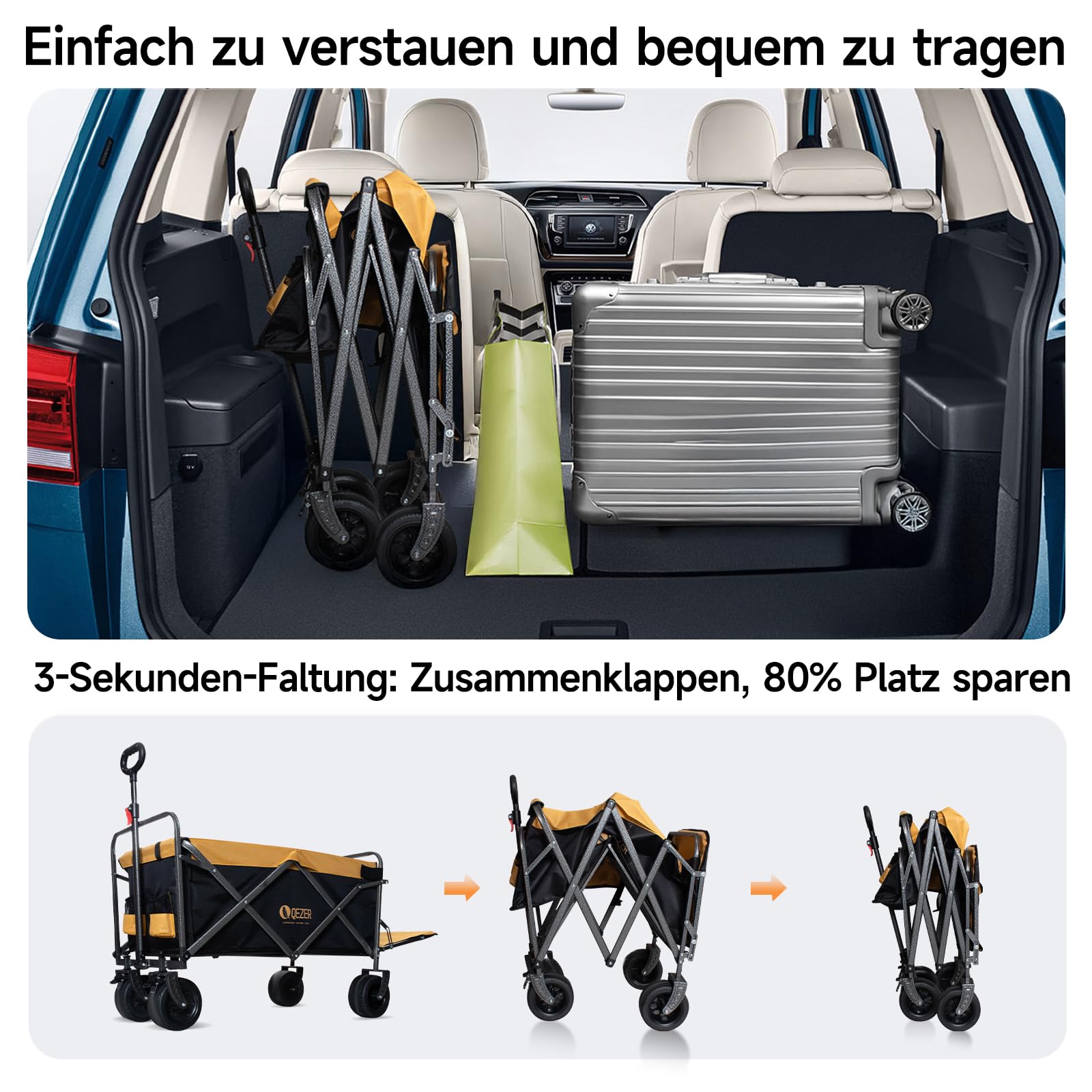 QEZER Bollerwagen faltbar,Tragfähigkeit 210 kg, Multifunktionaler Faltwagen mit geländegängigen Rädern, tragbar für Camping, Garten, Einkaufen und Strand 6
