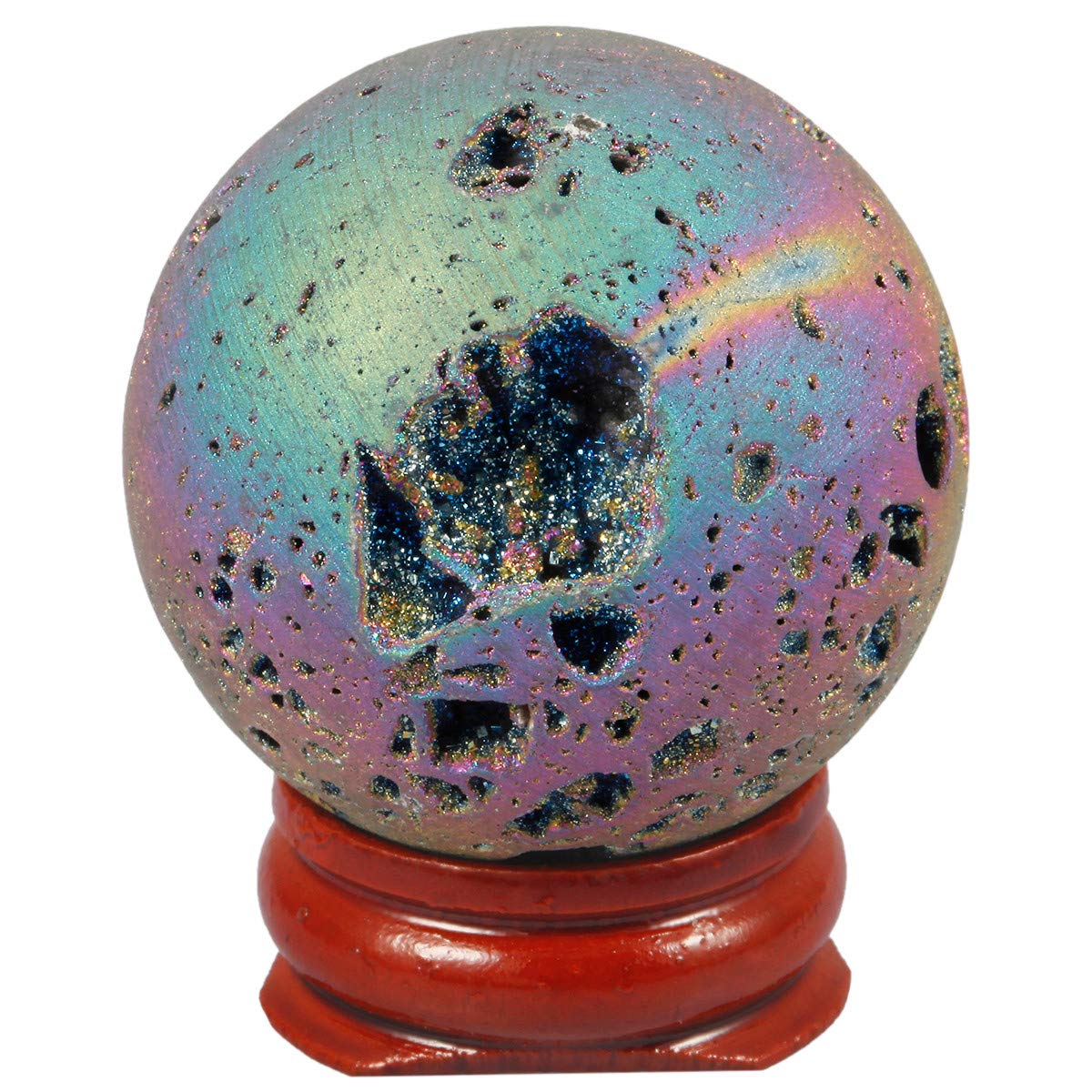 Nupuyai Druzy Agate Geode Crystal Sphere Ball with Stand, Rainbow Titanium Coated Quartz Cluster Specimen Spiritual Healing Stone for Home Decor