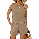 Ficerd Women's Summer 2 Piece Outfits Sets Cotton Linen Sleeveless Crop Top Tank and Drawstring Casual Shorts with Pocket