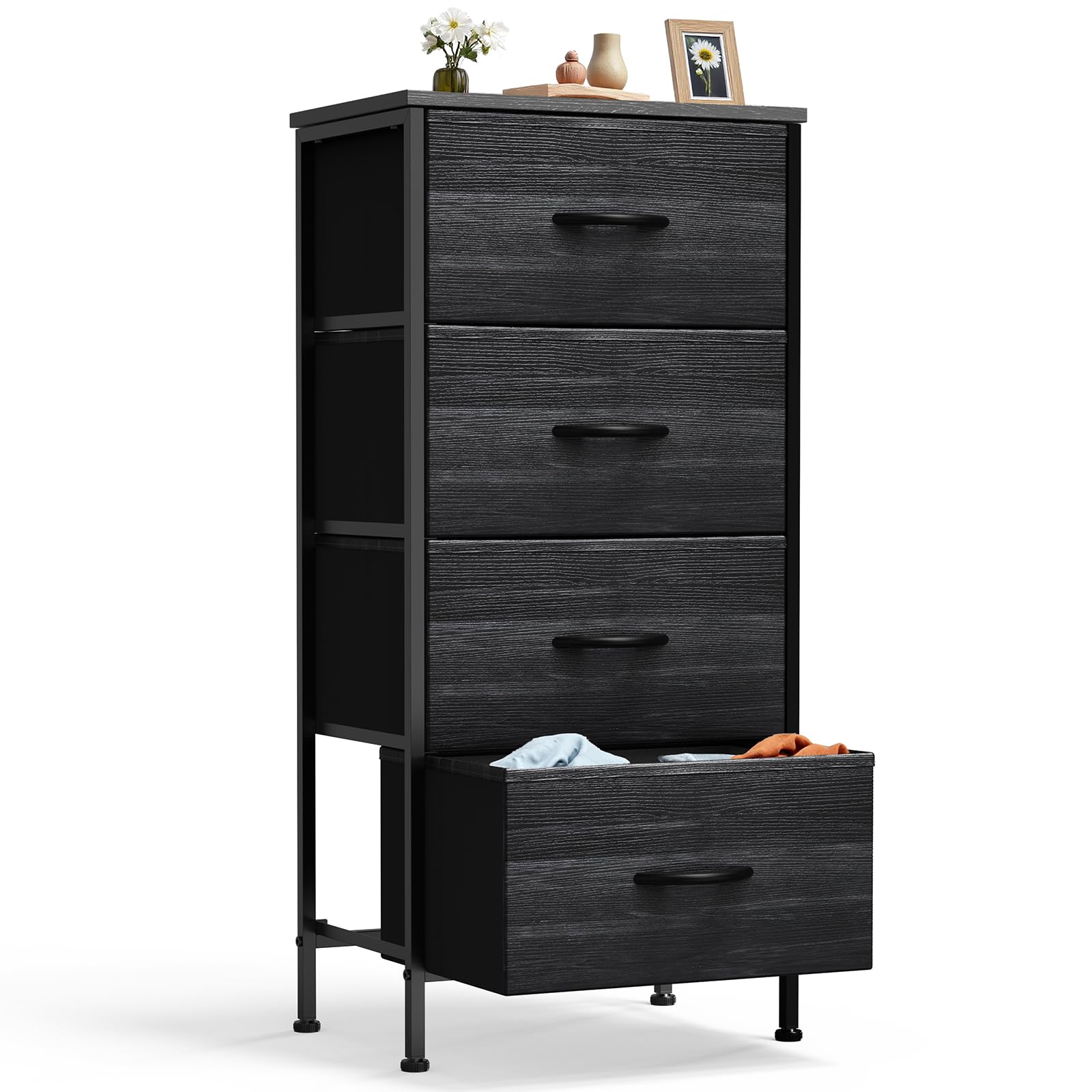 DUMOS Nightstand with 4 Drawers Bedside Table with Removable Fabric Bins Sturdy Steel Frame Wood Top Organizer Furniture for Bedroom Closet Living Room,Black Wood Grain Image