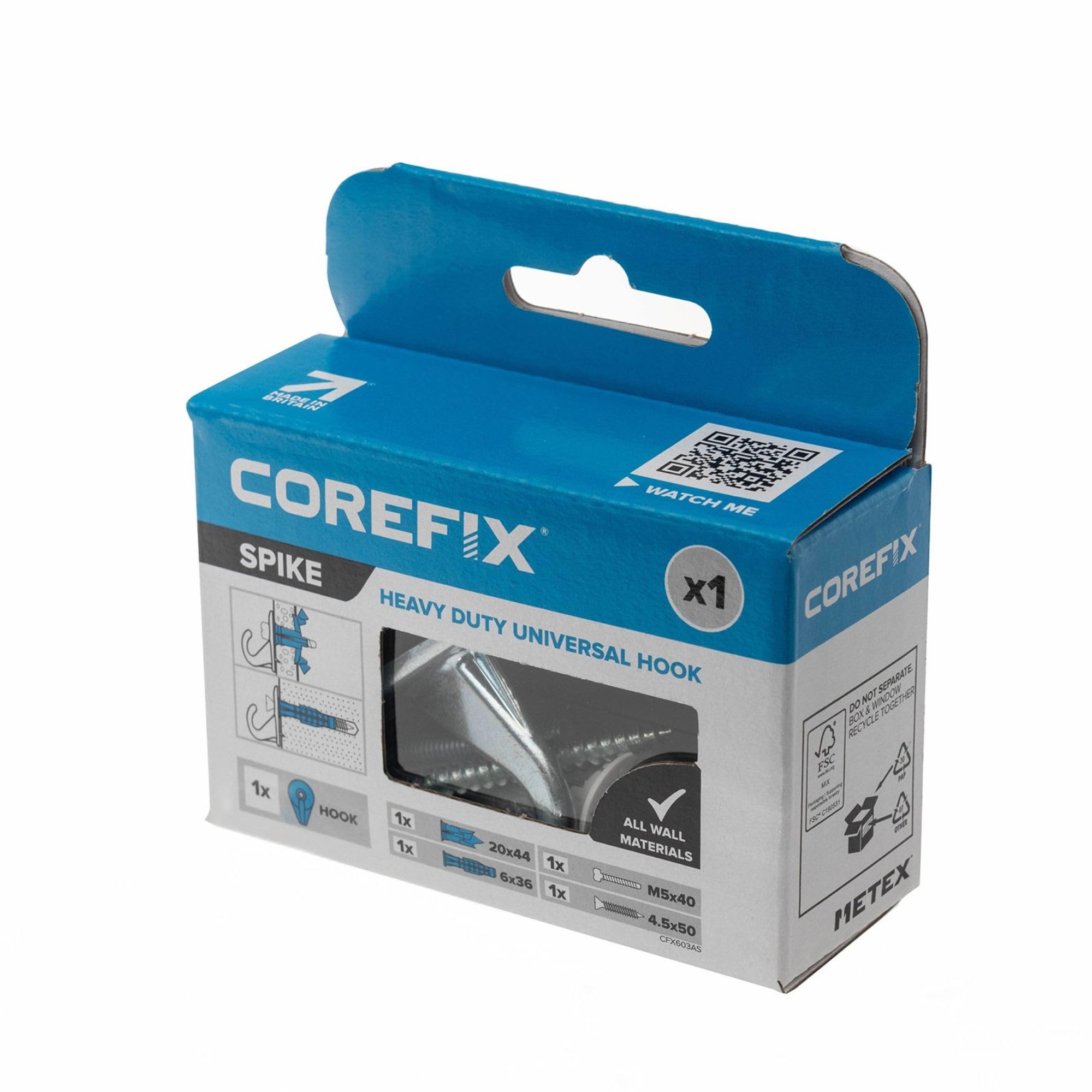 Corefix Spike, Heavy Duty Wall Hook Fixing Kit for Hanging Heavy Picture Frames or Mirror onto Either Plasterboard or Masonry Walls. Easy to Install (Silver Finish)