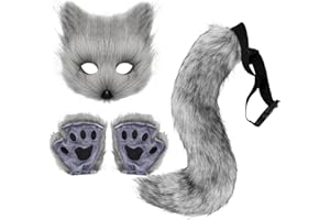 Fox Costume for Women Kids - Furry Costume Accessories with Faux Fur Cat Fox Wolf Mask Paws and Tails for Halloween Cosplay A