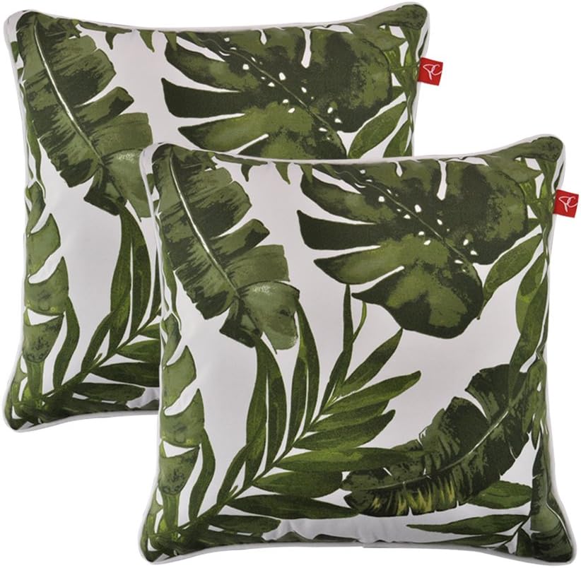 PacifiCasual Patio Indoor/Outdoor Stripe Grey White Throw Pillow Cushion Cover 18" x 18",Set of 2 (Green Leaves)