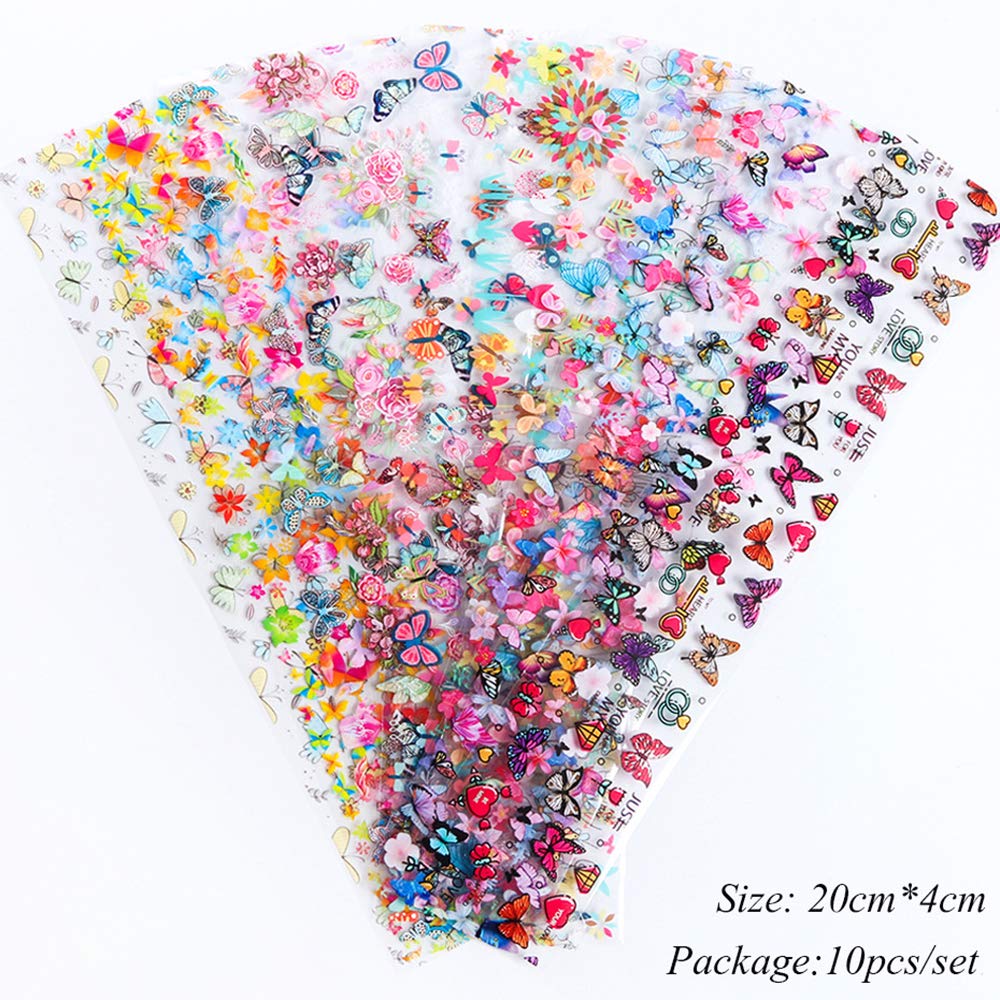 Kalolary 10 Sheets Butterfly Nail Art Foil Transfer Stickers Decals Flower Nail Foil Adhesive Stickers Starry Sky Manicure Transfer Tips Nail Art DIY Decoration Accessories Kit for Women: Beauty