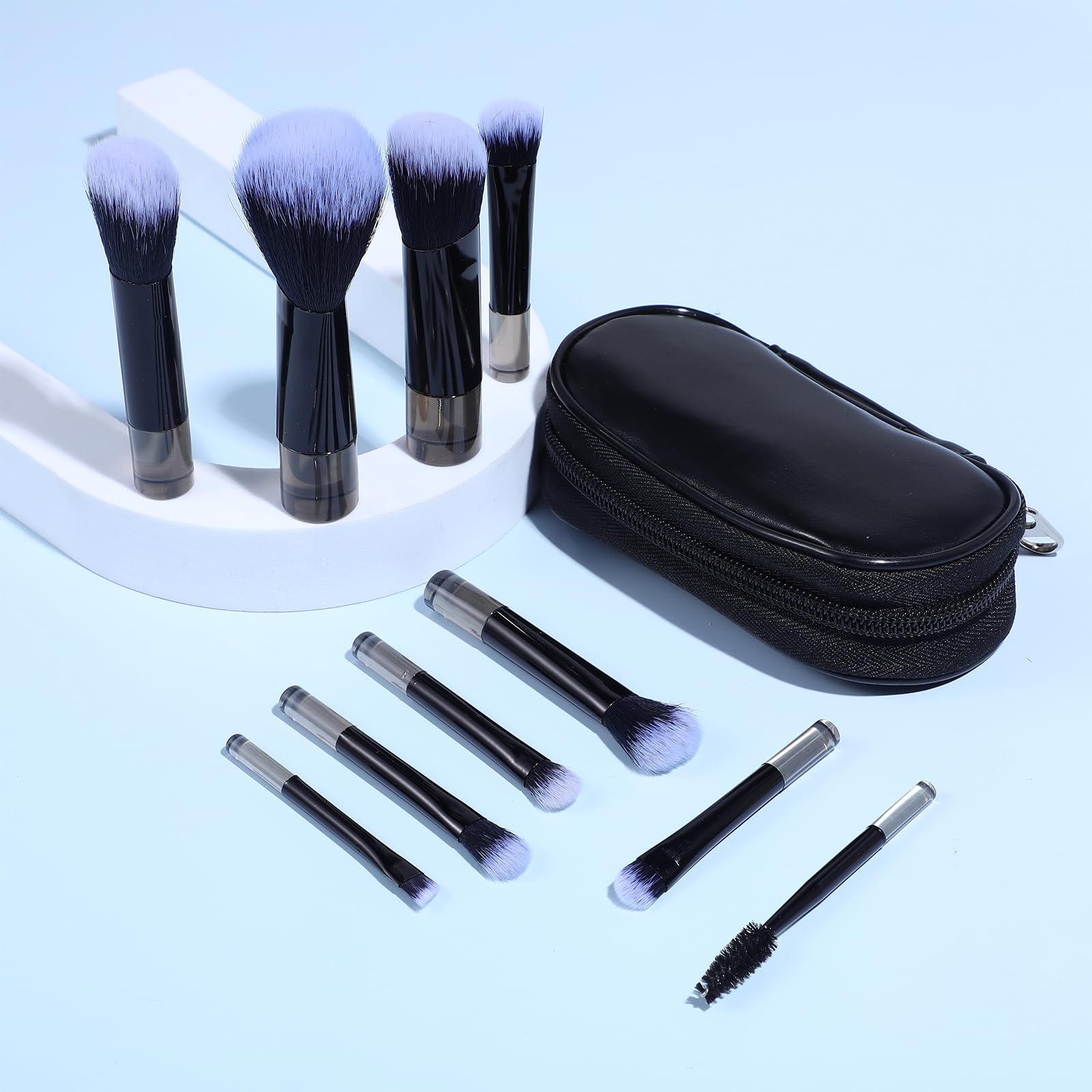 AOZUO Travel Makeup Brush Set, Portable Mini Cosmetic Brushes with Case Full Complete Function Makeup Brushes Kit with Pouch Foundation Eyebrow Blending Concealer Blush Eyeshadow Contour Pow(Black)