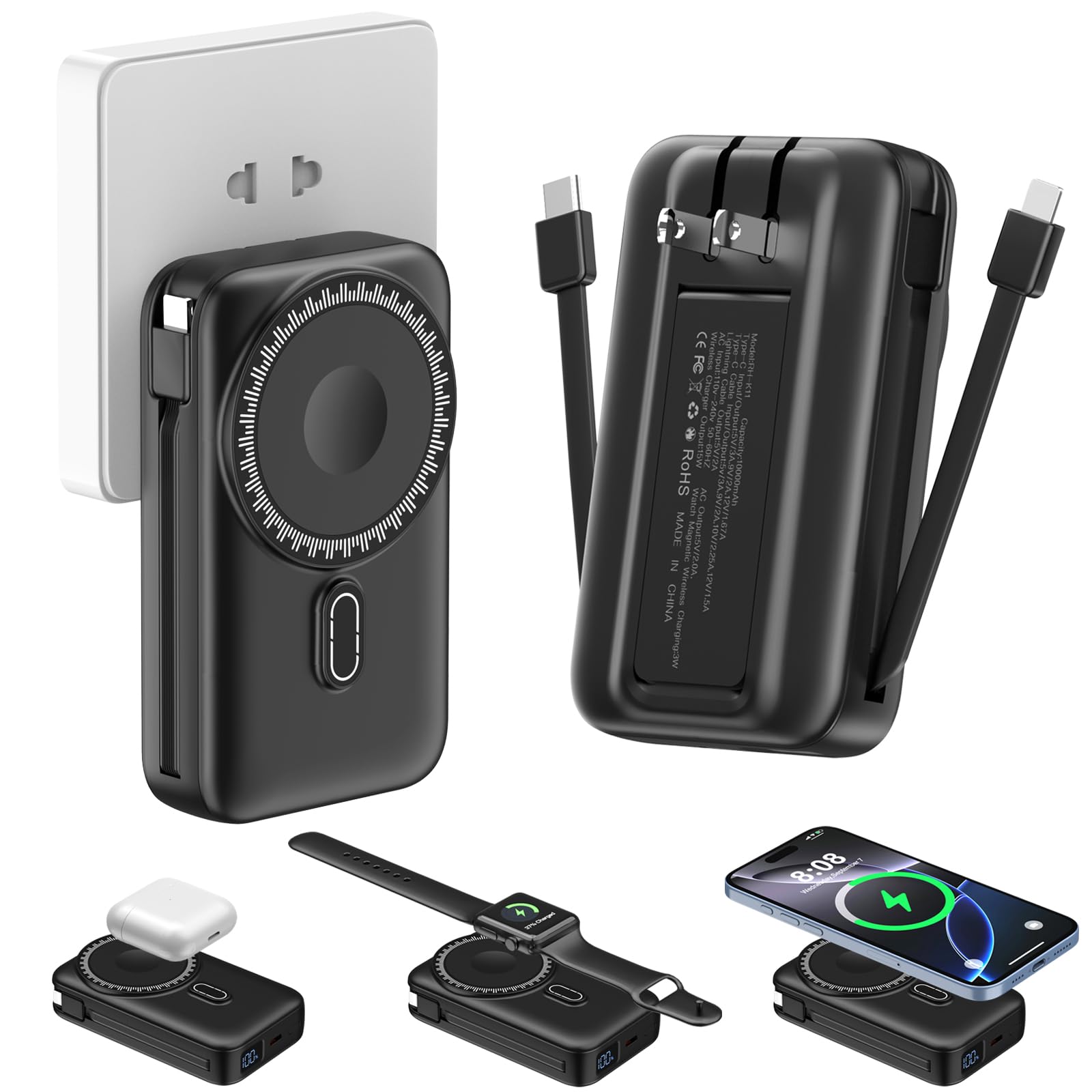Magnetic Portable Charger 10000mAh for iPhone with Built-in Cables and Wall Plug,Wireless Power Bank with iWatch Charger,LCD Display 22.5W Fast Charging Battery Pack for iPhone 16/15/14/13/12 (Black)