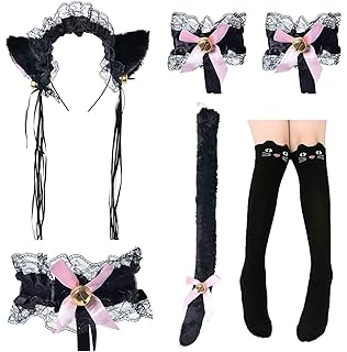 Amazon Com Cute Cat Cosplay Costume Anime Maid Lolita Ears Headband Collar Bracelet Kitten Tail Socks Set Black Clothing