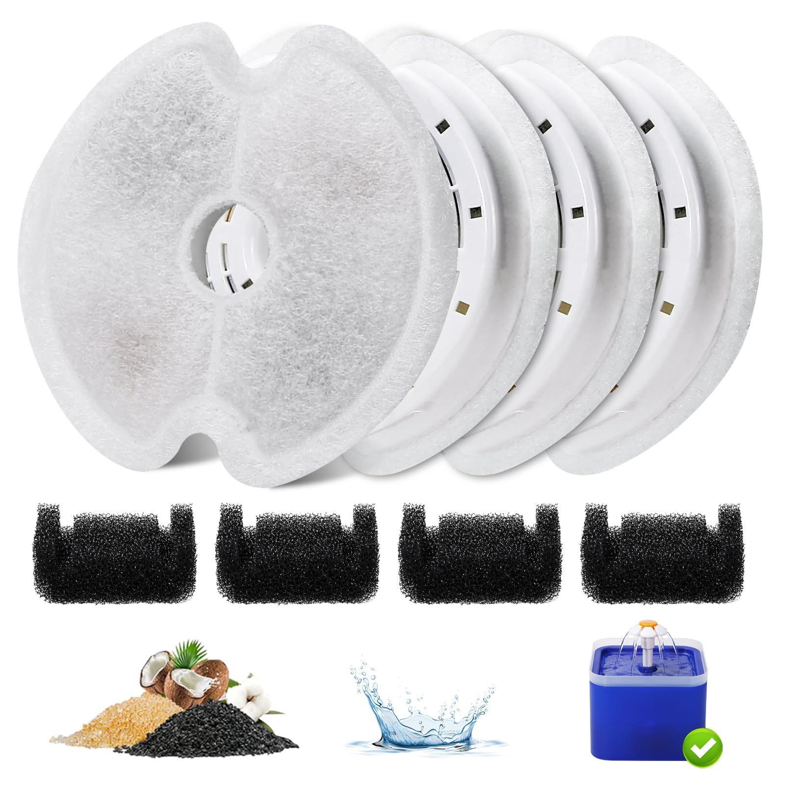 Photo 1 of 4 Packs Cat Water Fountain Filters for Ultra Silent Cat Fountain 67oz/2L with LED Night Light, Triple Filtration System Activated Carbon Filter with Pre-Filter Sponges for Pet Water Fountain
