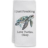 HIWX Coastal Kitchen Towels, i Just Freaking Love Turtles Okay Sea Turtle Decor Kitchen Towels Dish Towel, Sea Turtle Hand Towel for Bathroom Kitchen Decor 16x24 Inches
