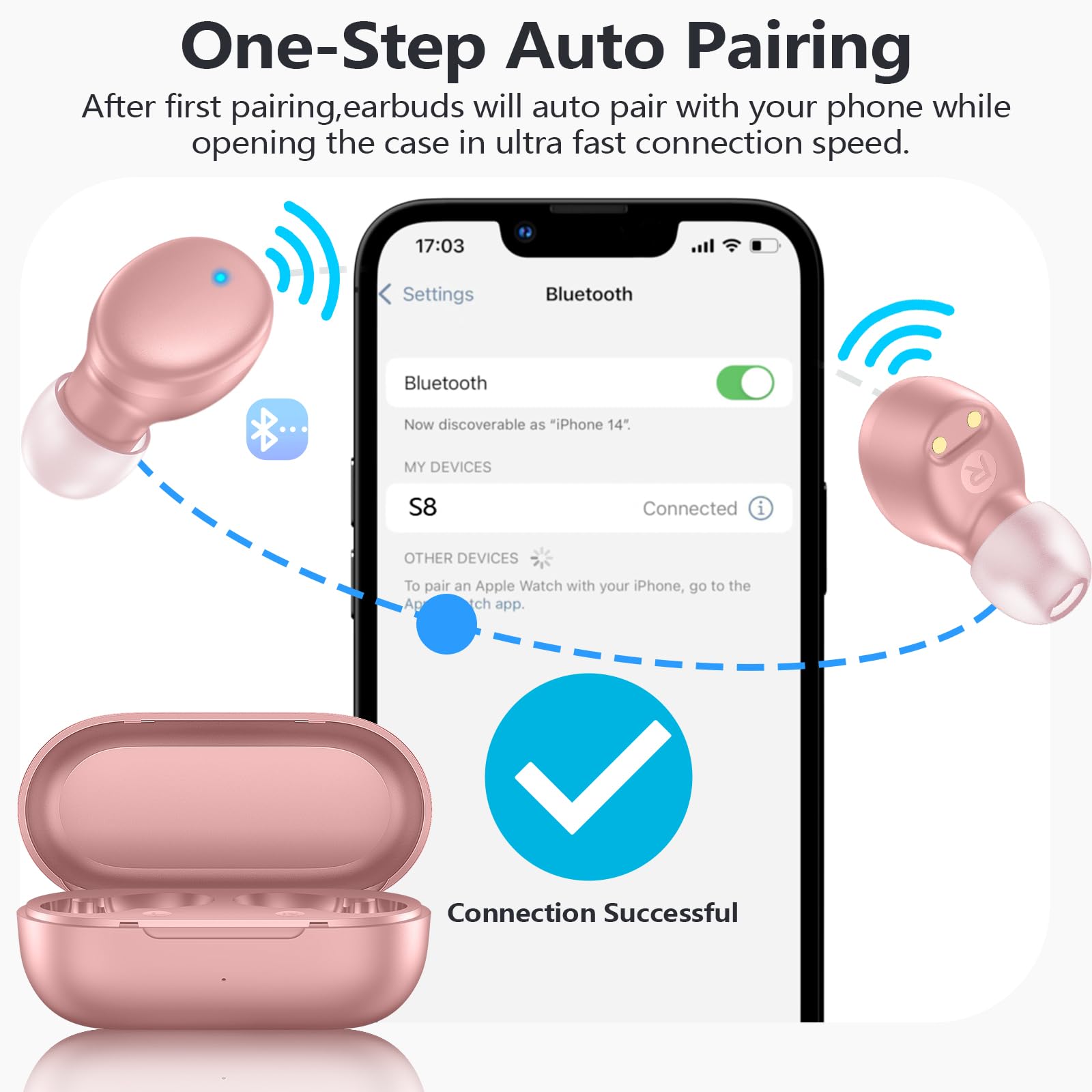 MOZOTER S8 Mini Wireless Earbuds Bluetooth 5.3 in Ear Light-Weight Headphones,60Hrs Playtime Ear Buds with Charging Case,Bluetooth Headsets,Premium Sound with Deep Bass for Sport-Pink - Image 2