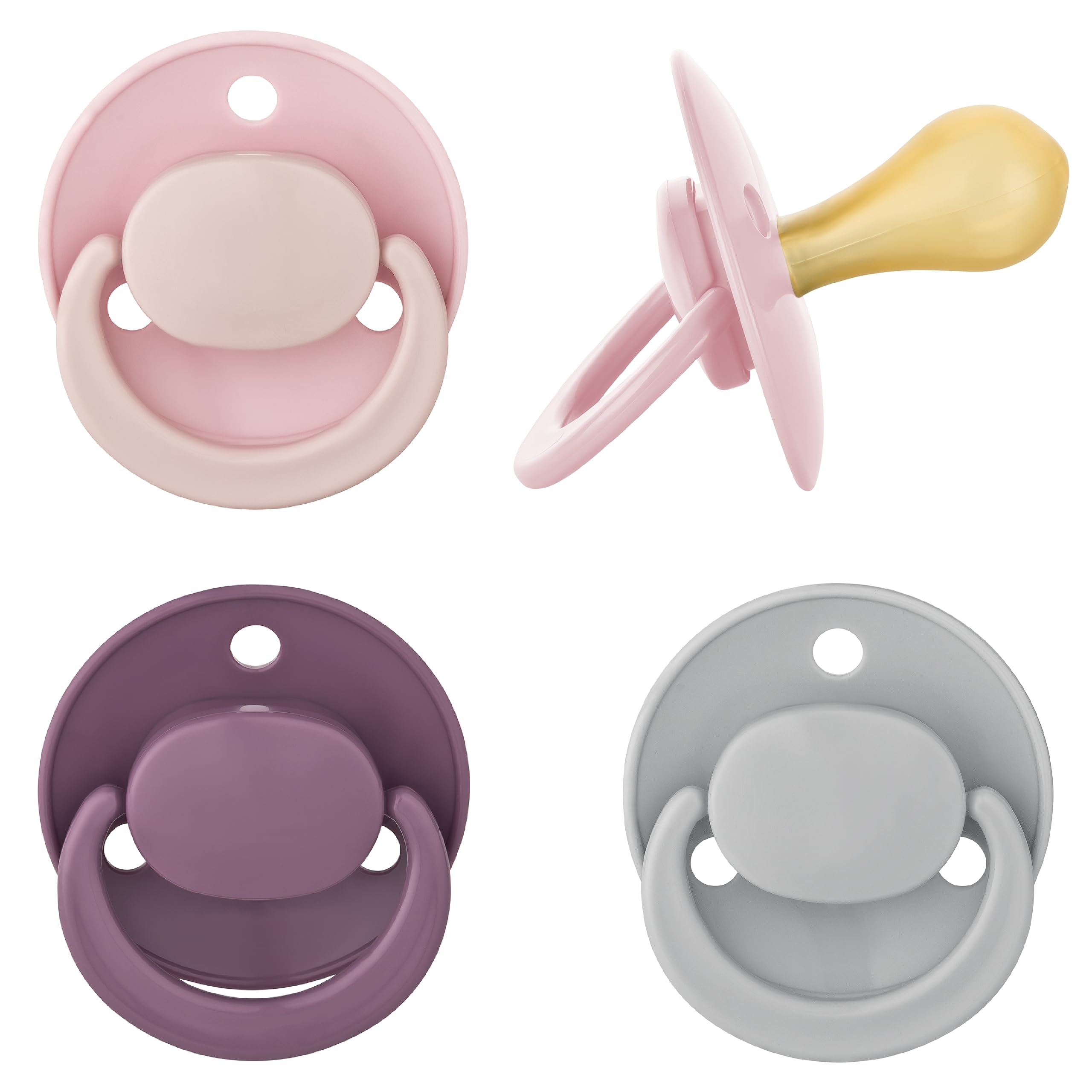 babynova Round Latex Dummy for Babies from 6-24 Months - Set of 4 Cherry Dummies - Natural BPA Free Rubber Latex - Made in Germany - Pink & Grey