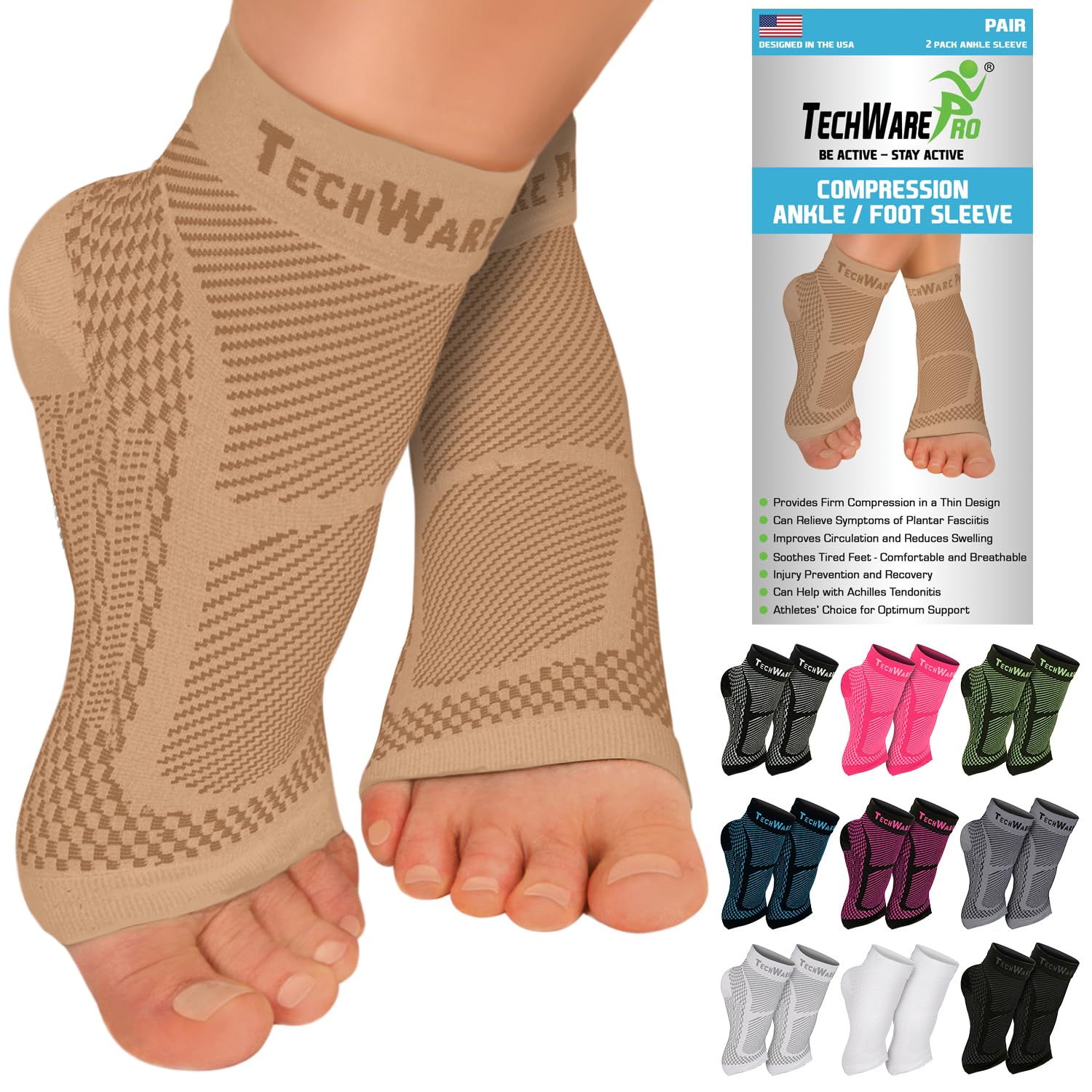 Photo 1 of TechWare Pro Ankle Brace Compression Sleeve - Relieves Achilles Tendonitis, Joint Pain. Plantar Fasciitis Foot Sock with Arch Support Reduces Swelling & Heel Spur Pain. (Beige, S/M)