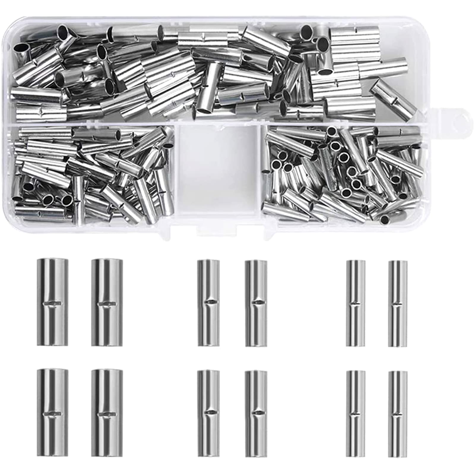 200Pcs Non-Insulated Butt Connectors Uninsulated Butt Crimps Non Insulated Wire Ferrules 22-18AWG 16-14AWG 12-10AWG with a Storage Box for DIY Electrical Splicing
