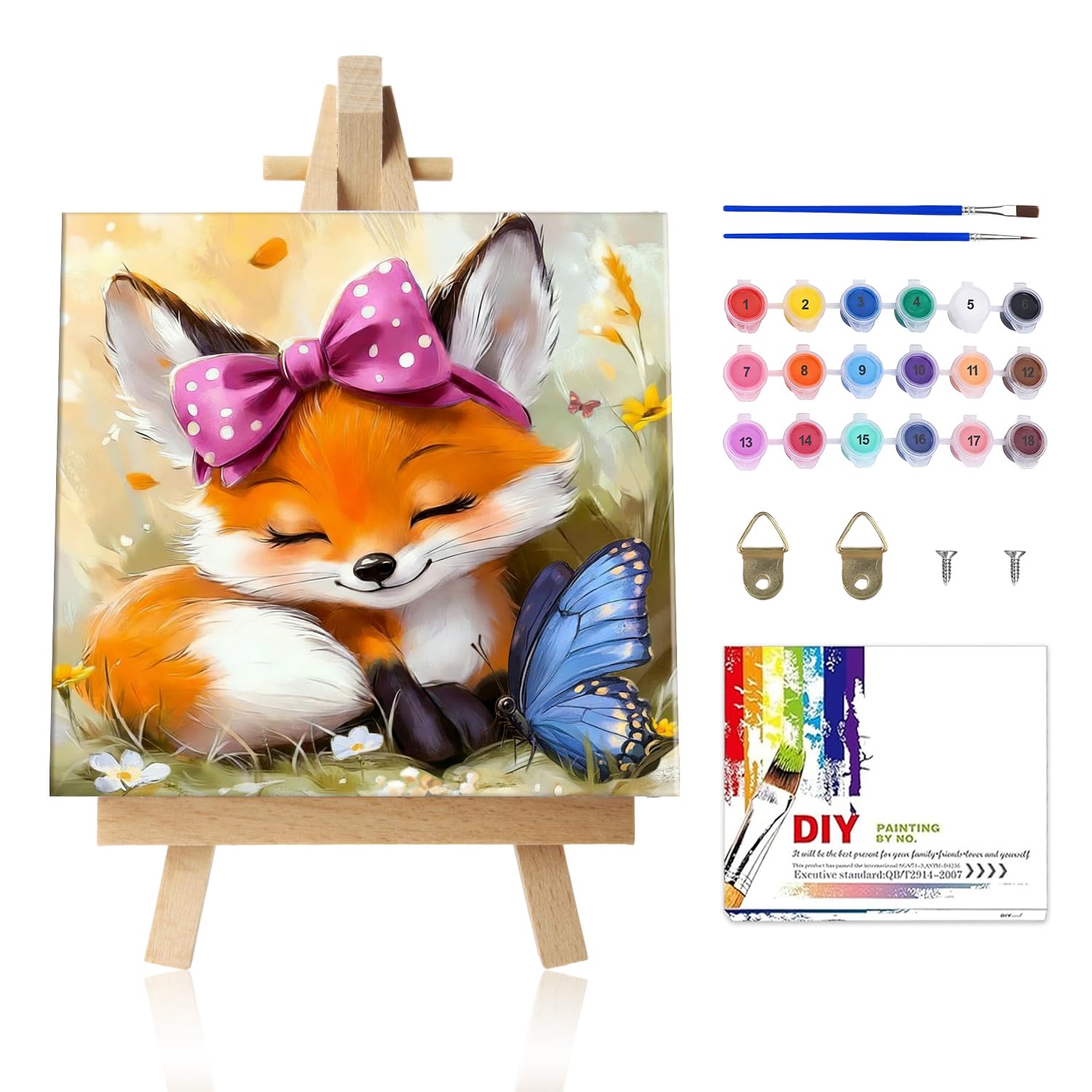 Yaostarart Fox Framed Paint by Numbers for Children with Wooden Easel,Paint by Numbers for Kids 6-12,Fox with Butterfly Painting by Numbers for Kids,Easy Painting Kits for Home Decor and Gifts 8x8in