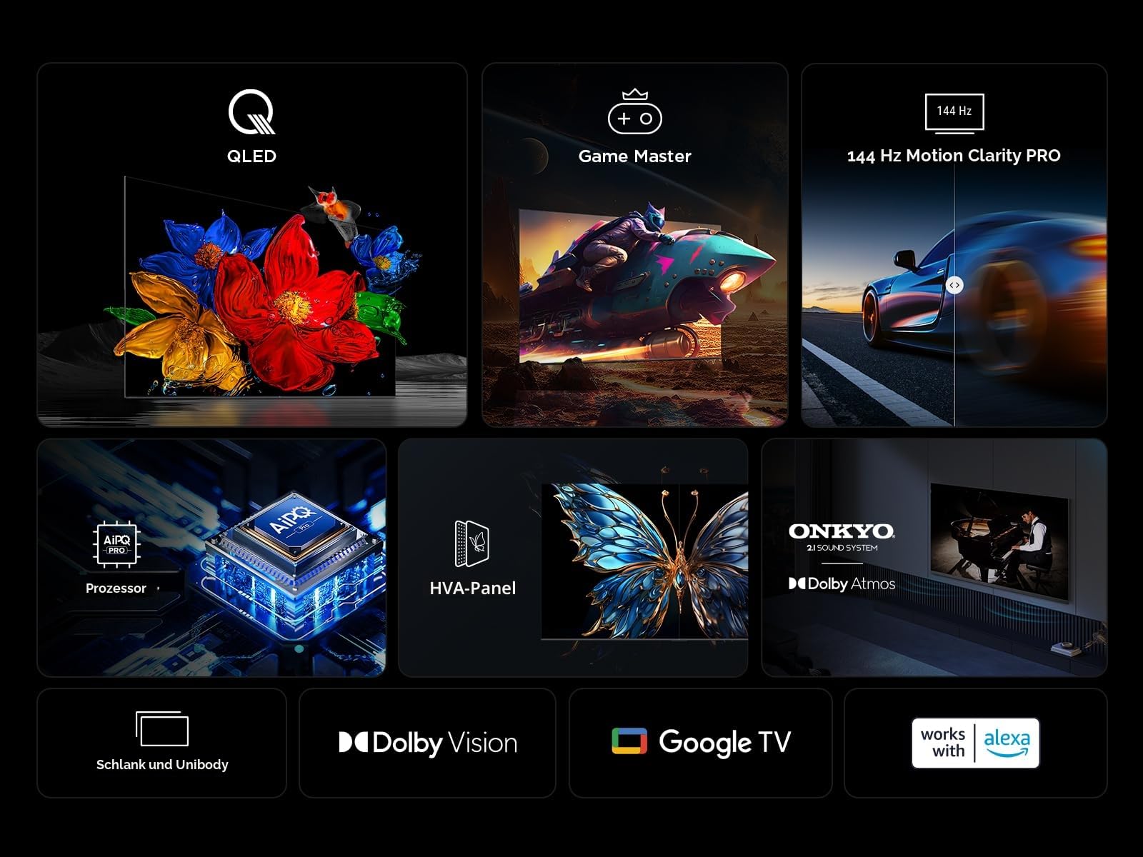 TCL 55T8C 55 Zoll QLED 4K HDR UHD Fernseher, Smart Google TV Dolby Vision & Atmos, 144Hz Motion Clarity Pro, Game Bar, ALLM, FreeSync, Onkyo 2.1 Sound, Sprachsteuerung, Kompatibel mit Google Assistant 4
