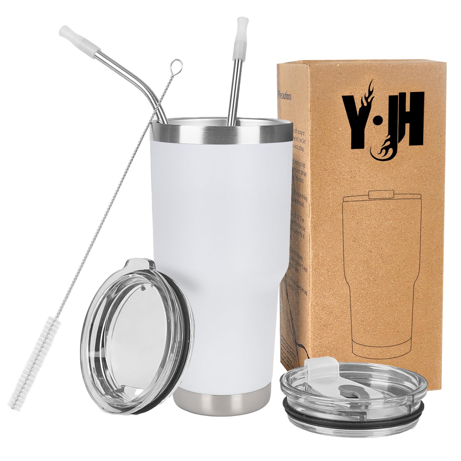 Y·J&H 30oz (850ml) Travel Tumbler Double Wall Vacuum Insulated Coffee Mug Stainless Steel Coffee Cup with 2 Splash Proof Lid, 2 Straws & Free Cleaning Brush, BPA Free - White