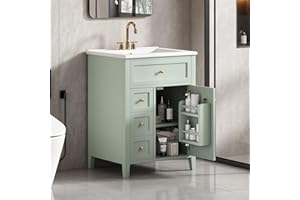 MERAX 24" Bathroom Vanities Sink Set, Storage Cabinet with Multi-Functional Tip-Out Drawer and Adjustable Shelf, Soft-Closing Door, Solid Wood Legs, Green