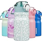 BJPKPK Water Bottle with Straw 14oz Insulated Water Bottles Reusable Stainless Steel Metal Thermal Flask with Leak Proof Lockable Lid and Carry Handle,Light Blue Leopard