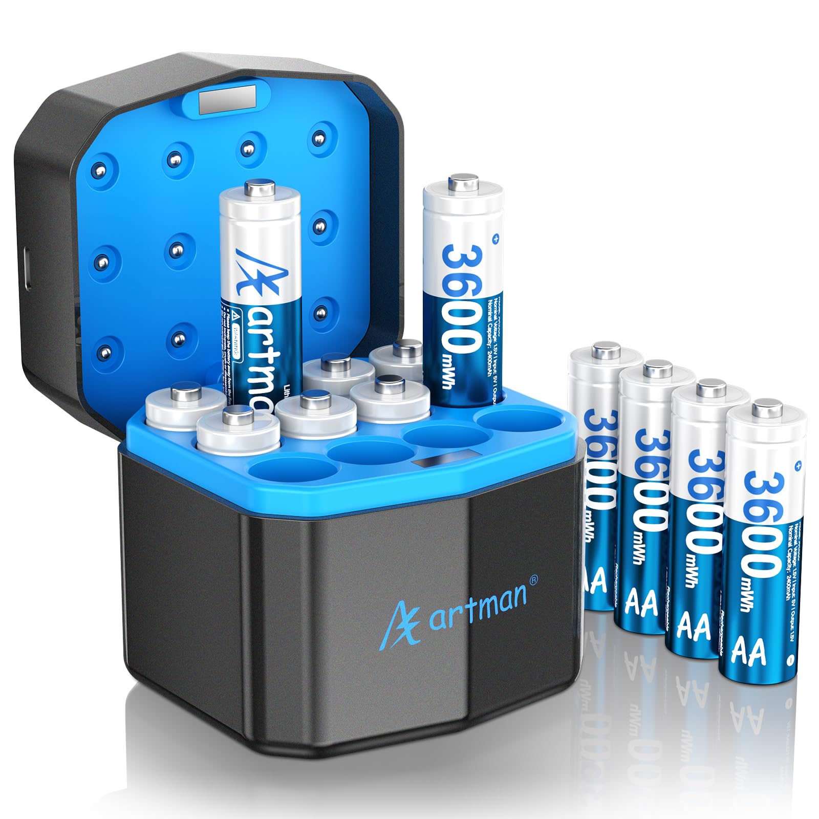 Photo 1 of Artman Rechargeable Lithium AA Batteries 12 Pack with Storage 12-Slot Charger, 3600mWh AA Lithium Batteries for Blink Outdoor Camera, 1.5V Constant Double A Battery Recharge up to 2000+ Cycles (Blue)