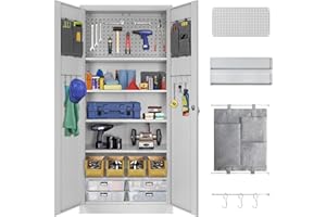 Pataku Metal Storage Cabinet, Garage Cabinet with Doors and Shelves Lockable Multifunctional Cabinet, Pegboard, Hanging Rod, Tool Cabinet for Home, Office, Warehouse, Grey
