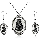 Tondiamo Black Cat Cameo Necklace & Earrings Set for Women, Gothic Vintage Cat Pendant Jewelry, Dark Aesthetic Gift for Halloween Party Cosplay & Everyday Wear