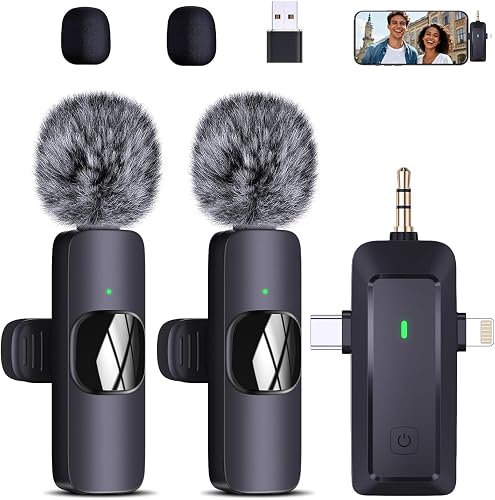 Wireless Lavalier Microphone for iPhone/Android/Camera/Computer - 4 in 1 Clip-on Microphone with Noise Reduction for Outdoor Vlogging, Interview, TikTok, Live Streaming, Video, USB Microphones