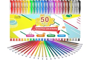 LINEON Gel Pens, 50 Pack Gel Pen Set 25 Colored Gel Pen with 25 Refills for Adults Coloring Books Drawing Doodling Crafts Scrapbooking Bullet Journaling