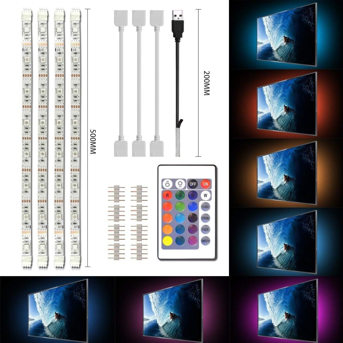 Simpome LED TV USB Backlight Light Kit (4 x 50cm RGB LED Strip), 5050 SMD 120LEDs, 5V 16 Color Changing Strip Light for HDTV TV Monitor Decoration, Non-Waterproof, 24Keys IR remote control and Strip Connectors Included