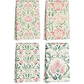 4 Pcs Watercolor Floral Kitchen Towels, Artistic Pink Green Decorative Absorbent Microfiber Dish Cloth Tea Towel, Durable Waffle Hand Towels for Farmhouse Home Bathroom, Housewarming Gifts