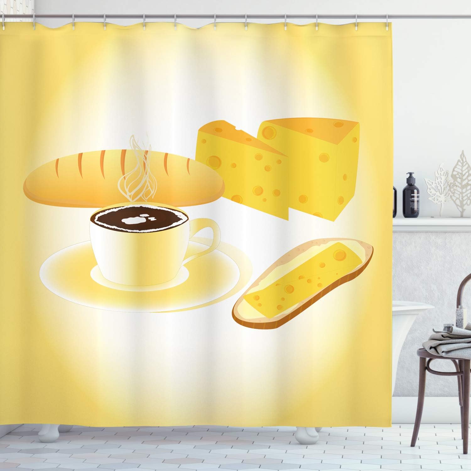 Amazon Com Lunarable Butter Yellow Shower Curtain Breakfast Scene Of Coffee Bread And Cheese Cloth Fabric Bathroom Decor Set With Hooks 70 Long Mustard Pastel Yellow Dark Cocoa And Ginger Home Kitchen