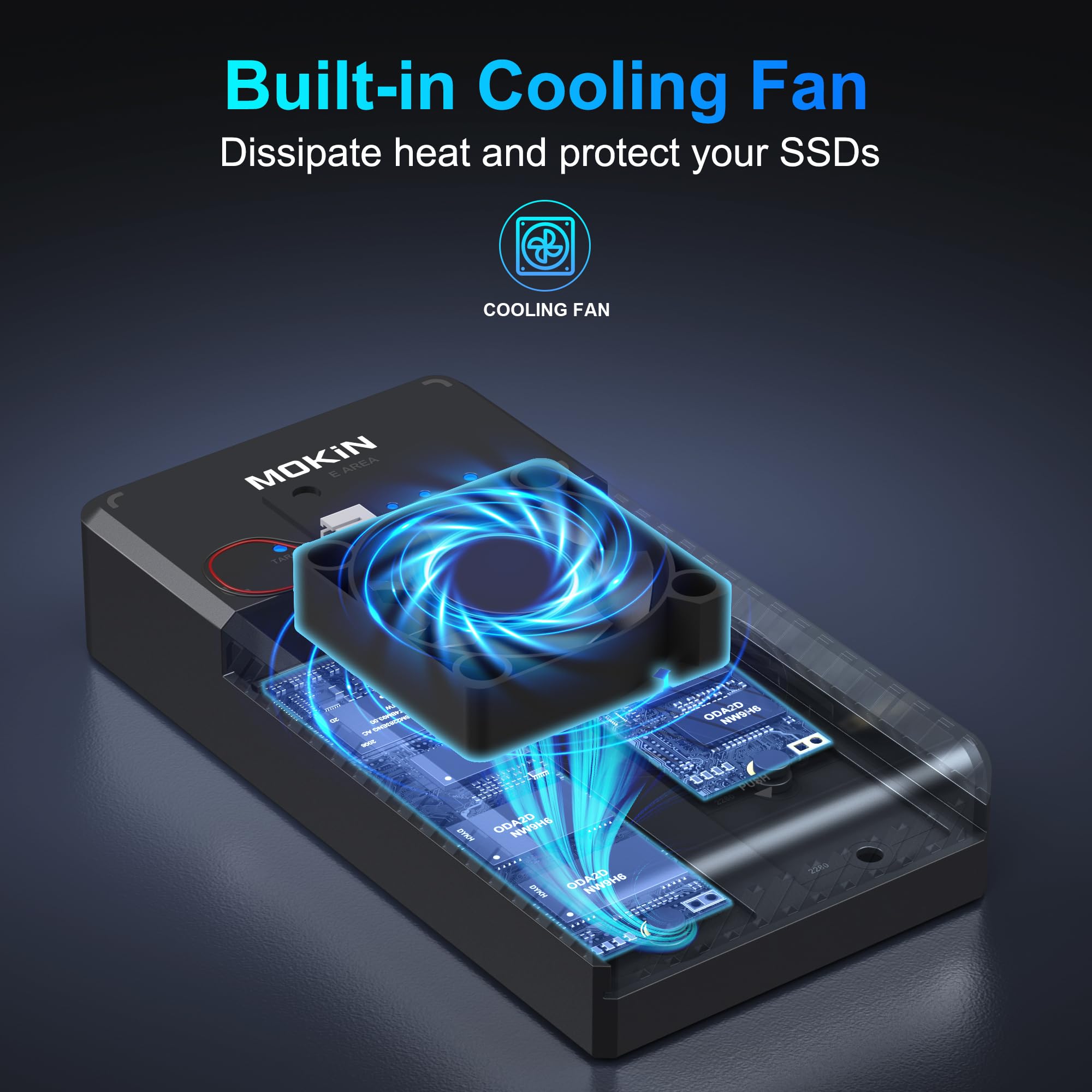 Mokin Nvme Dual-Bay Enclosure In Use Showing Led Indicator And Button Controls