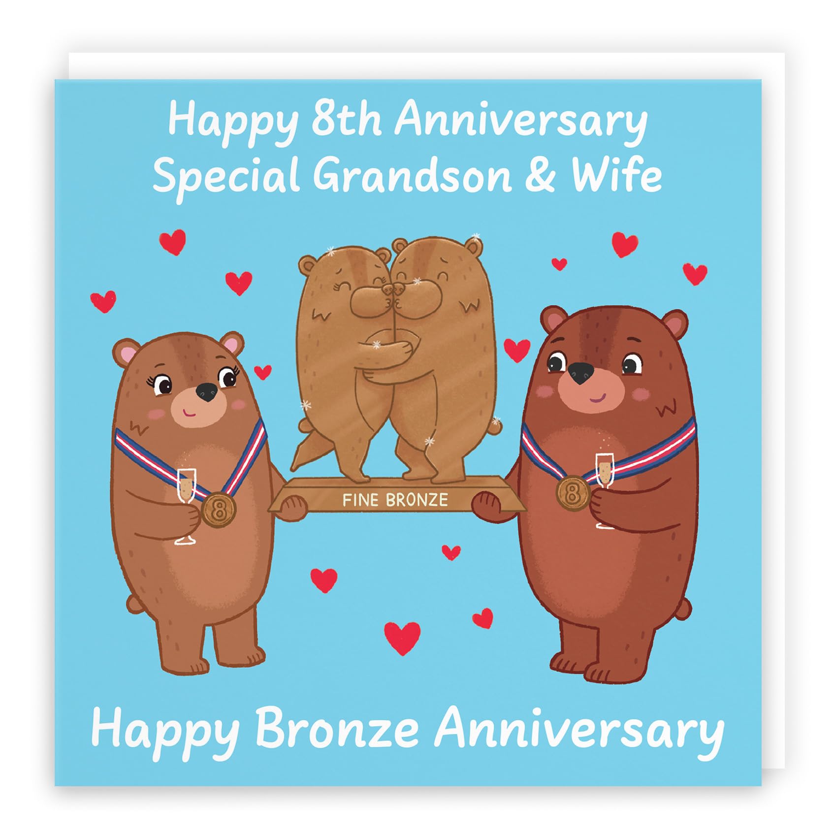 Hunts England - Grandson And Wife 8th Anniversary Card - Bronze Anniversary - Eighth Anniversary - 8 Years - Cute Fun Bears Card - Love Story Collection — image 1