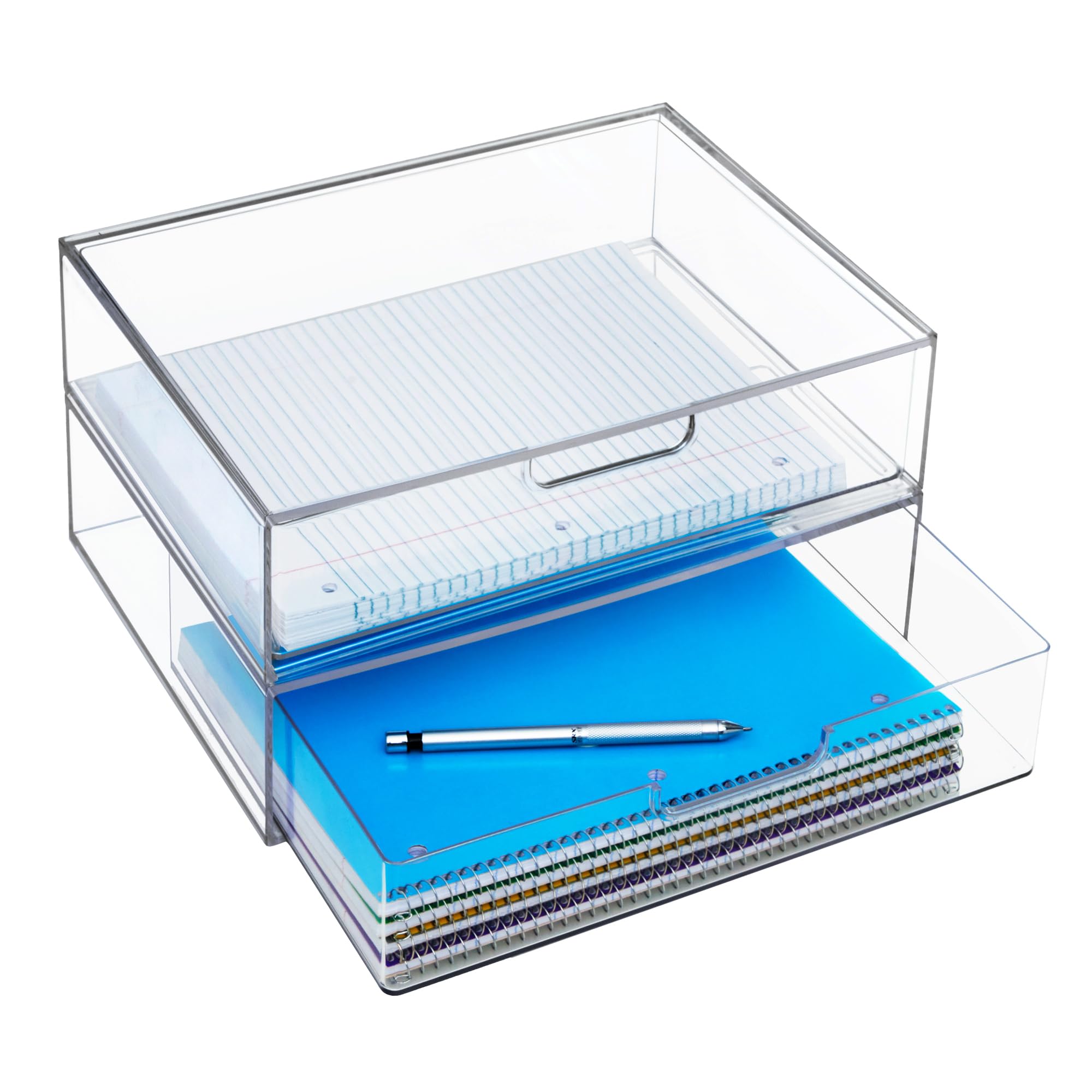 Photo 1 of STORi STAX Plastic Stackable Organizer Drawers (Set of 2) Clear | 12.5" Wide | Set Includes Two Open Drawer | Organize Office Desk Accessories & Sort Paper | Made in USA
