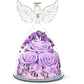 Valentines Day Gifts for Women Preserved Flower Rose, Forever Eternal Flowers in Glass Angel Figurines Real Purple Roses for Delivery Prime for Grandma Mom Sister Her Wife for Mothers Day Birthday