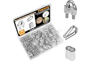 Yinpecly 12pcs M5 Stainless Steel Wire Rope Cable Clip Clamp, 12pcs M5 Stainless Steel Thimble,12pcs M5 Aluminum Crimping Loop for 3/16" Diameter Wire Rigging Tent Rope Guard Railing System
