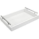 VOVOGERATTO White Leather Serving Tray with Silver Handles, Rectangular Tray for Coffee Table, Ottoman, Alligator Faux Leather, Decorative Trays for Home Decor, for All Occasions, 16" x 12"
