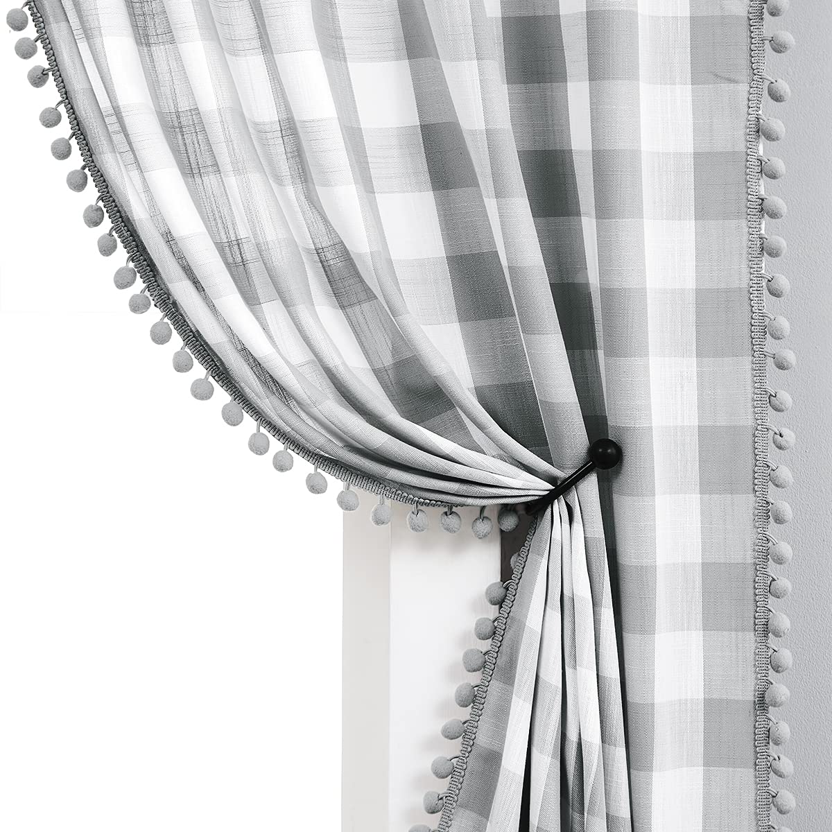 Treatmentex Grey and White Buffalo Plaid 95" Pom Pom Curtains, 2 Panels, 80" W x 95" L, Rod Pocket, Farmhouse Style, Living Room, Study, Bedroom, Dining, Children's Room