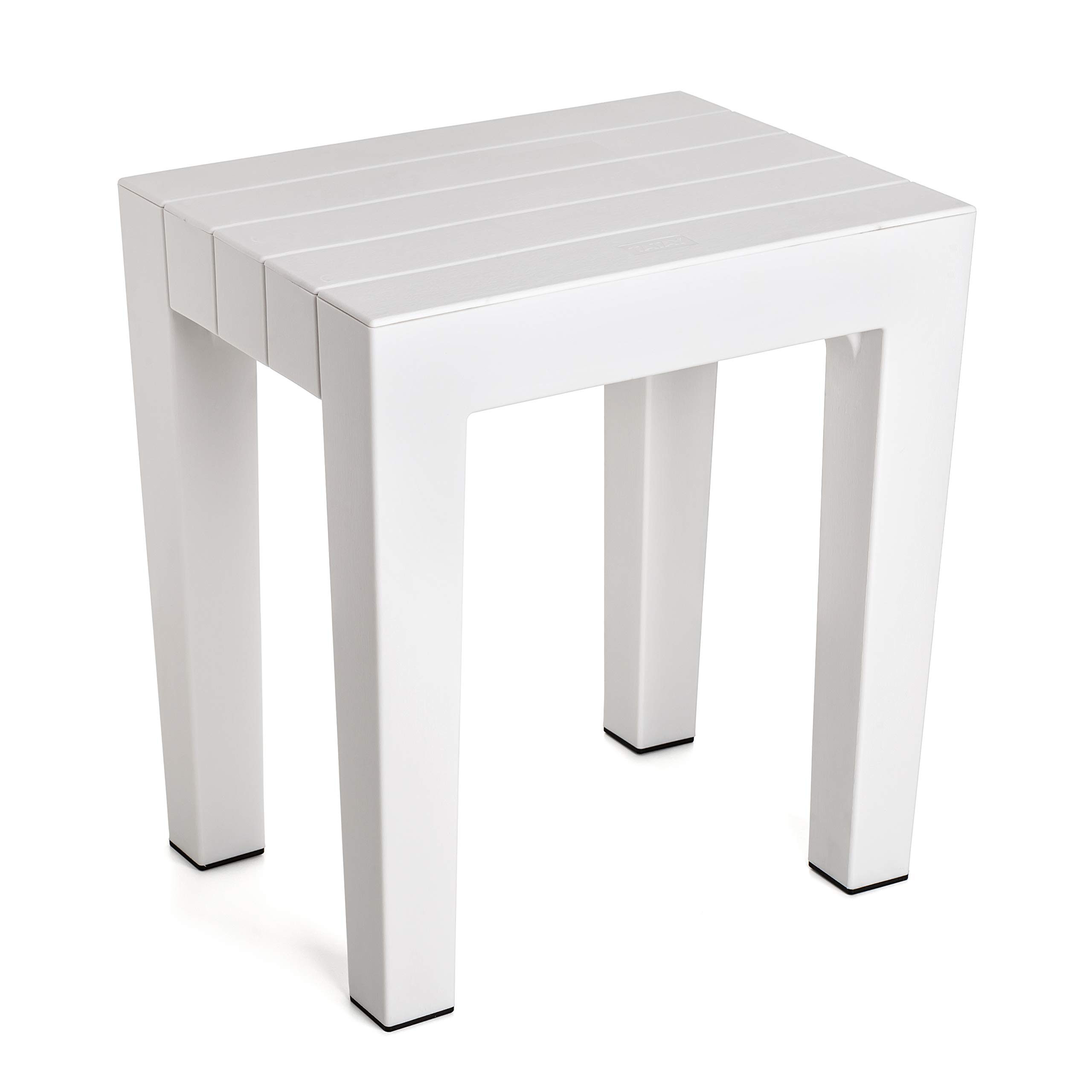 TATAY rectangular stool made of white textured polypropylene, with a wood effect finish. Anti-UV protection, suitable for indoor and outdoor use. Size 38x29x41m5 cm