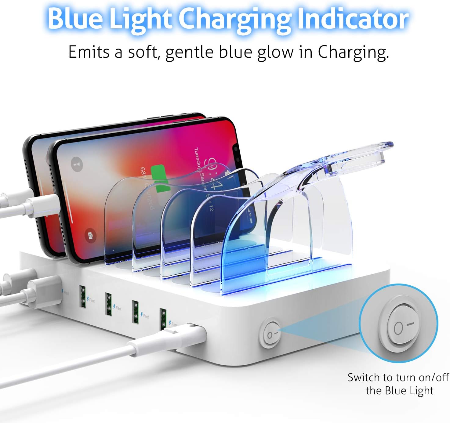 Soopii Quick Charge 3.0 60W/12A 6-Port USB Charging Station for Multiple Devices, 8 Short Charging Cables Included, I Watch Charger Holder,for Phones, Tablets, and Other Electronics,White