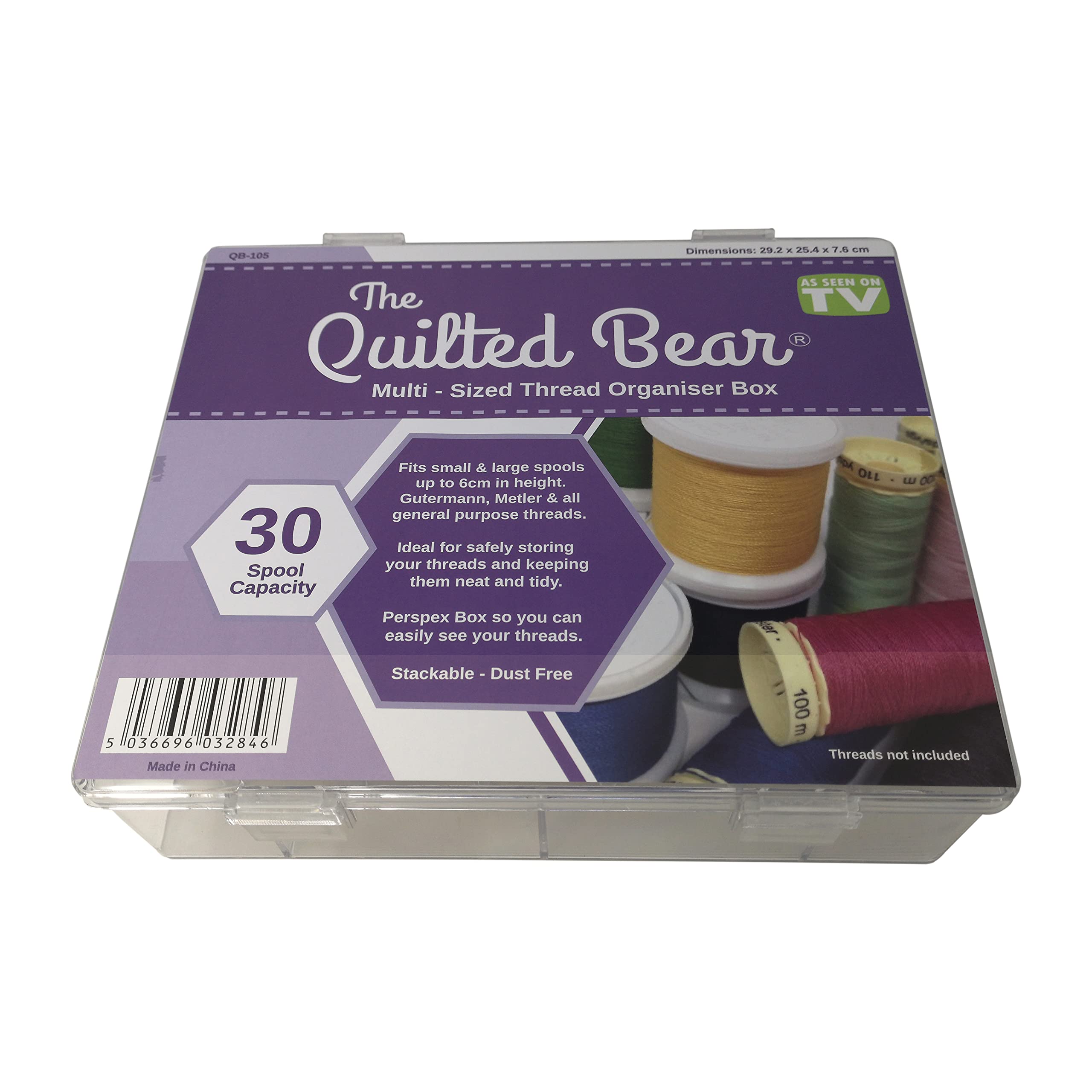 The Quilted Bear 30 Spool Thread Box - Stackable Strong Acrylic Plastic Sewing Box Multi-Size Spool Holder Great As Sewing Thread Storage Organiser